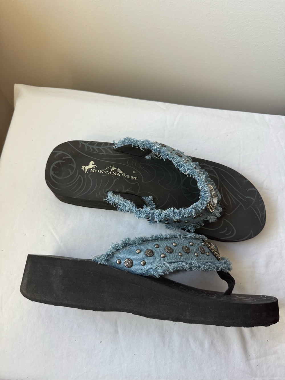 Montana West Light Blue Denim Jeweled Thong Sandals